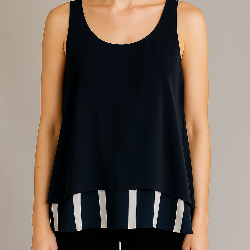 3/$30 Reversible Navy Sleeveless Top with Striped Hem